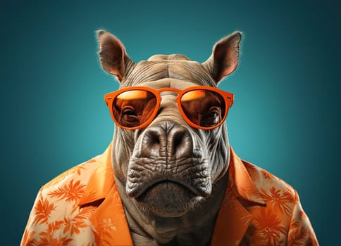 Rhinoceros with sunglasses wearing floral suit on solid green background. Generative AI.