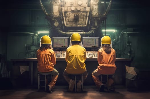 Three young relaxed operators watching robot working in an industrial enviroment. Back view. Generative AI.
