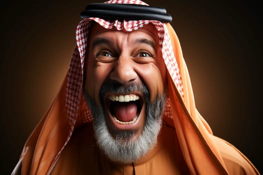 Portrait of happy Saudi man smiling opening his mouth with joy. Generative AI.