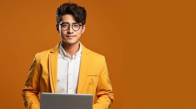 Portrait of young Asian businessman standing and holding laptop computer. Generative AI.