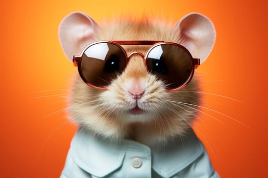 Portrait of cute mouse wearing sunglasses on solid orange background. Generative AI.
