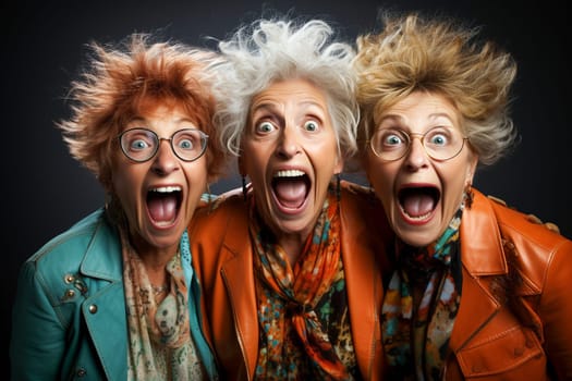 Funny portrait of three senior shocked women looking at camera keeping mouth open. Sudden incredible news reaction wow. Generative AI.
