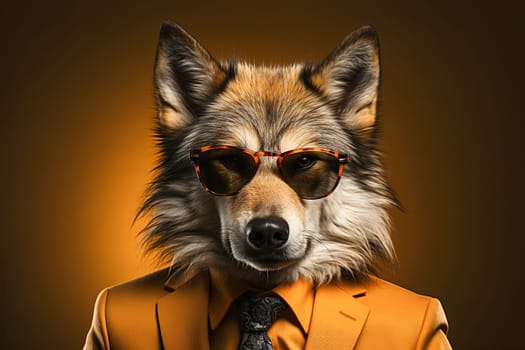 Portrait of wolf with sunglasses wearing suit and tie on solid background. Generative AI.
