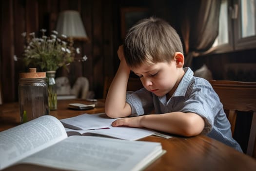 Tired little schoolboy being sad looking depressed, suffering stress overwhelmed by load of homework and schoolwork, sitting at desk. Generative AI.