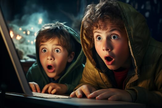 Young boys watching scary movie. Generative AI.
