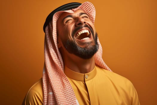 Portrait of happy Saudi young man smiling opening his mouth with joy. Generative AI.