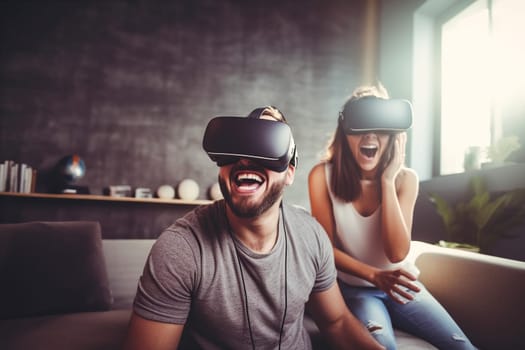 Excited young couple using Virtual Reality headset device at home - Amazed friends exploring artificial computer world - Modern lovely couple enjoying experiencing metaverse virtual or augmented reality - Generative AI.
