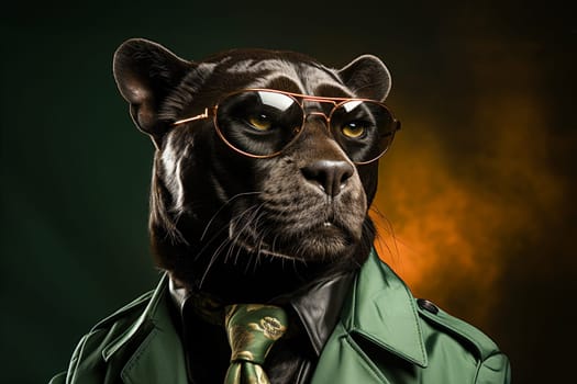 Portrait of black panther with sunglasses wearing suit and tie on solid background. Generative AI.