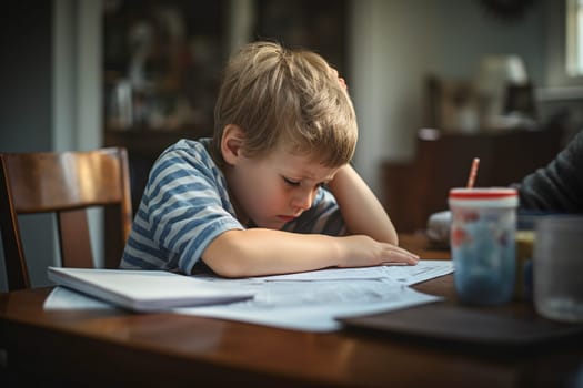 Tired little schoolboy being sad looking depressed, suffering stress overwhelmed by load of homework and schoolwork, sitting at desk. Generative AI.