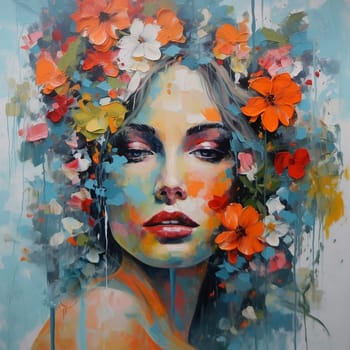 Modern art, Beauty portrait of a young female model. with colorful flower design in oil painting . Generative AI.
