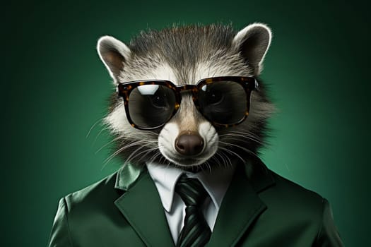 Portrait of skunk with sunglasses wearing suit and tie on solid background. Generative AI.