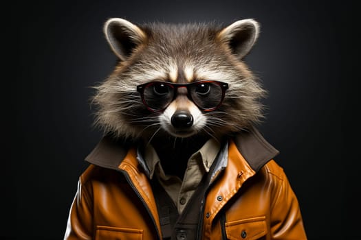 Portrait of raccoon with sunglasses wearing leather jacket on solid background. Generative AI.