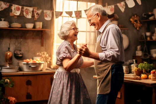 Beautiful senior couple is dancing and smiling while cooking together in kitchen. Happy old mature man and woman having fun, entertaining together indoors, involved in funny domestic activity. Generative AI.