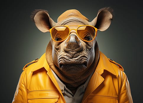 Rhinoceros with sunglasses wearing yellow leather jacket on solid green background. Generative AI.