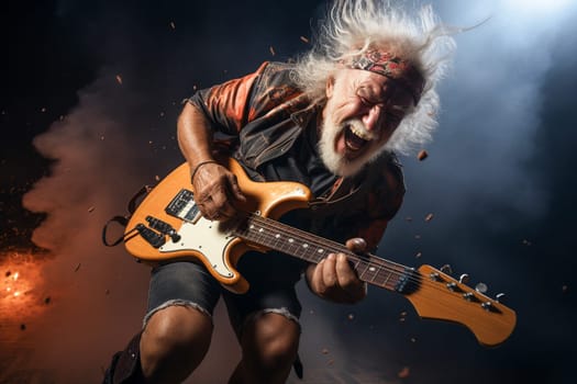 Senior man wearing painted jacket playing electric guitar shouting with anger. Generative AI.