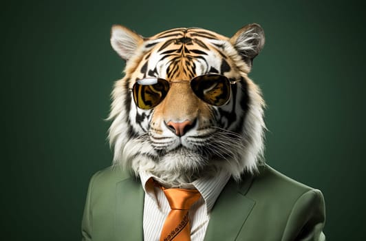 Portrait of tiger with sunglasses wearing suit and tie on solid green background. Generative AI.