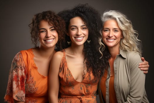 Beauty portrait of three women with different ages standing together and looking on camera against a solid background. Generative AI.