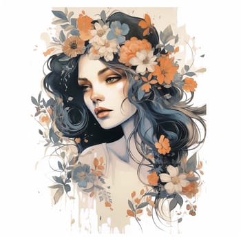 Modern art, Beauty portrait of a young female model. with colorful flower design in oil painting . Generative AI.