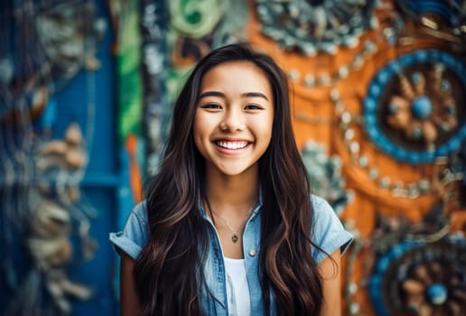 Portrait of a cheerful asian stylish teen standing over colourful decorated temple door. Generative AI.