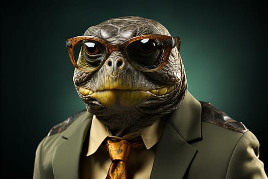 Portrait of turtle with sunglasses wearing suit and tie on solid green background. Generative AI.