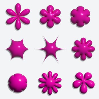 Various pink flowers and shapes on a white background, 3D rendering illustration