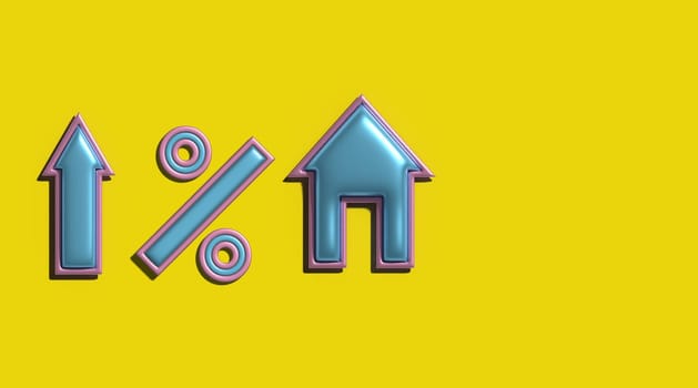 House, percent and up arrow shapes on a yellow background, 3D rendering illustration