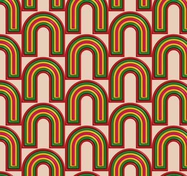 Pattern of multi-colored arch shapes with inflated elements on a beige background, 3D rendering illustration
