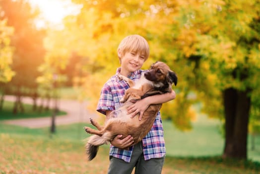 Boy hugging a dog and plyaing with in the fall, city park