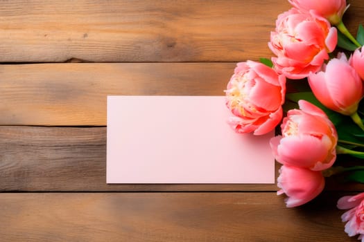 Fresh tulips bouquet and blank card for copy space over wooden table background. AI generated