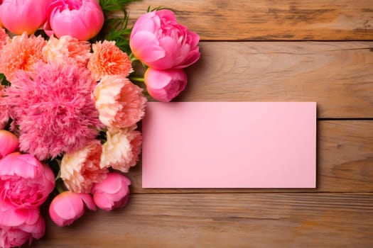 Fresh flowers bouquet and blank card for copy space over wooden table background. AI generated