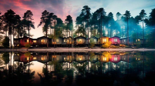 Forest lush and row of colorful wooden houses at the beach. Summer houses at the beach. Huts for travelers on vacation at the sand sea coast.AI generated