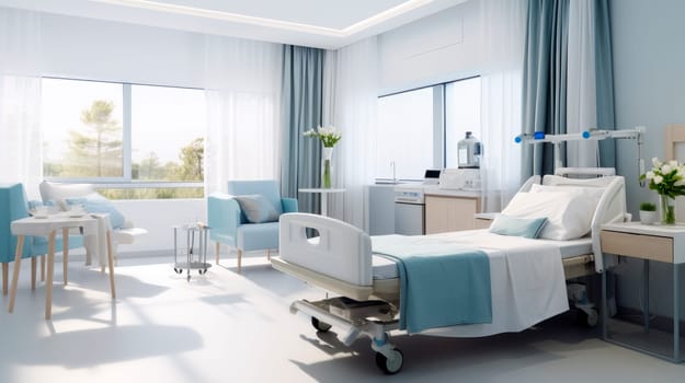 Empty bed in modern nursing home or a clinic. Empty bright hospital room in a modern clinic.Recovery room. AI generated