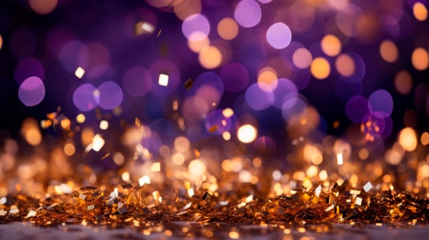 Purple festive Christmas elegant abstract background with bokeh lights and stars.Purple and gold glitter lights background. AI generated