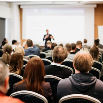 Speaker giving a talk in conference hall at business event. Rear view of unrecognizable people in audience at the conference hall. Business and entrepreneurship concept