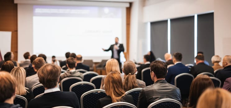 Speaker giving a talk in conference hall at business event. Rear view of unrecognizable people in audience at the conference hall. Business and entrepreneurship concept