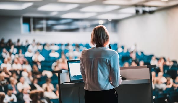 Female speaker giving a talk on corporate business conference. Unrecognizable people in audience at conference hall. Business and Entrepreneurship event