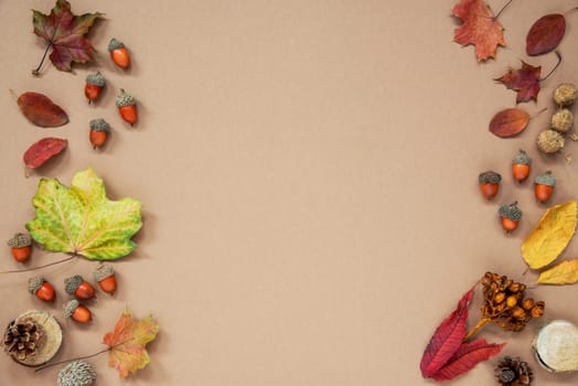 Autumn Background with Autumn Decoration, With Acorns and Fall Leaves and Copyspace