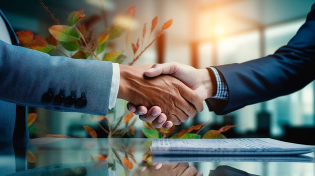 Two business man shaking hands during a meeting in the office, success, dealing, greeting and partner concept. AI generated