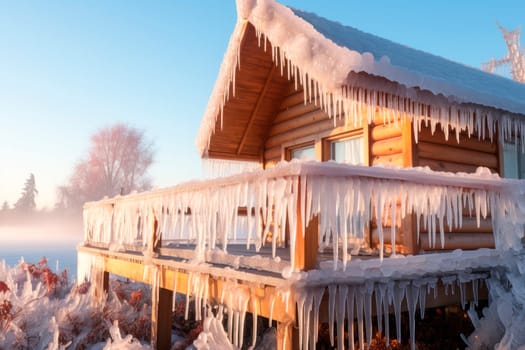 Wooden log house encased in ice, arctic cold winter weather. Conceptual image with a long icicles in front of the house.AI generated