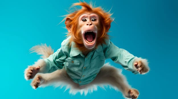 Monkey wearing shirt jumping on the blue background. AI generated