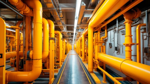 Underground metal pipelines, modern building utilities. Empty underground corridor with drainage system and yellow metal pipelines for transporting water and gas. AI generated