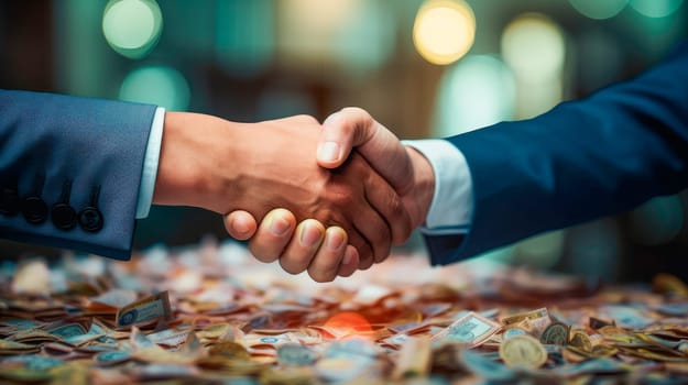 Business handshake over money background . Economy and financial growth by investment in valuable stock market to gain wealth profit form currency trading. AI generated