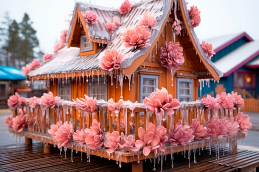 Wooden house covered with pink flowers and ice, arctic cold winter weather. Conceptual image with a long icicles in front of the house.AI generated