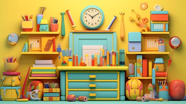 Back to school concept. Different various colorful office supplies, stationery, pupil or student equipment at home desk. Empty blank copy space for text. Yellow wall background. High quality photo