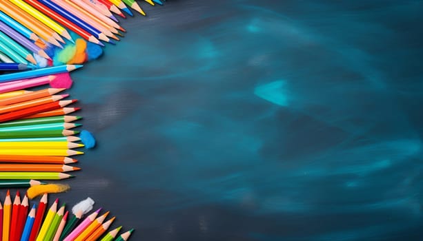 Back to school, college concept. Top view from above on green blackboard or chalkboard background with different supplies, colorful stationery, essentials, other tools. Flat lay with empty copy space