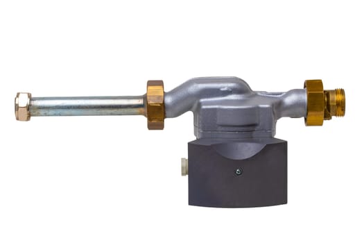Electric circulation pump of a condensing gas heating system isolated on a white background. Used spare parts for condensing gas heaters. Gas boiler repair. Macro.