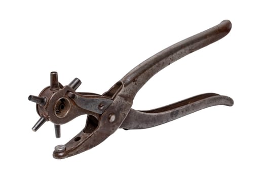 Tailoring accessories. Closeup of a antique adjustable Steel punch pliers or hole punch tool isolated. Clipping path. Tools from tailor, saddler or cobbler.