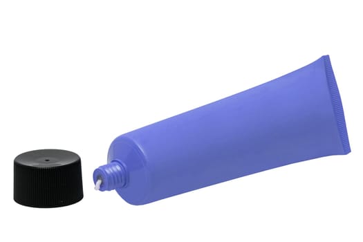 Cosmetic products isolated. Close-up of a opened blue tube cosmetic cream with a skin care product for face isolated on a white background. Space for text.Macro.