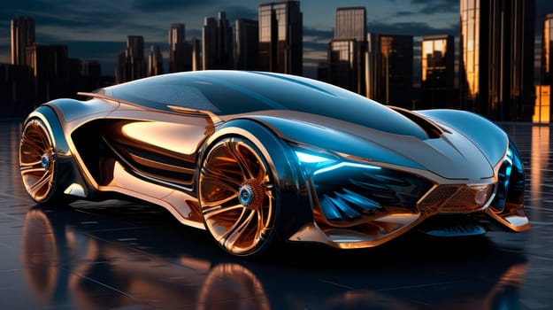 Automotive innovation, absolutely futuristic unreal car model on the dark city background. AI generated