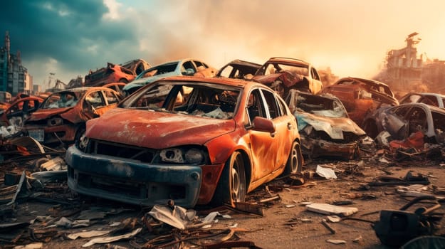 Old damaged cars on the junkyard waiting for recycling. Pile of discarded old cars. AI generated